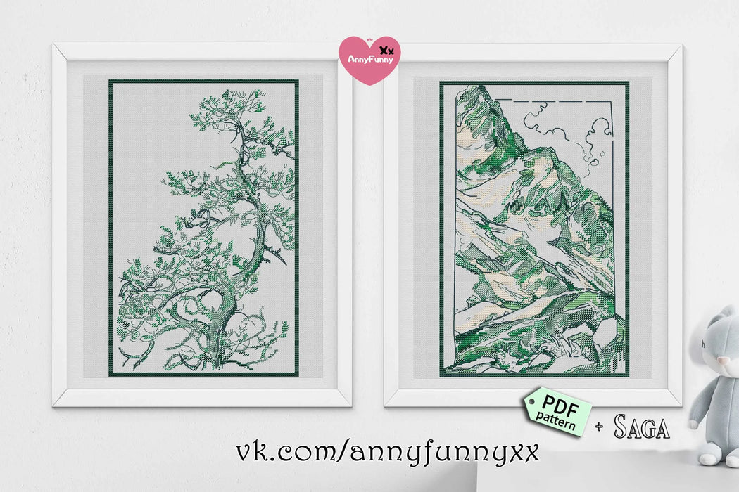 Sketch. Tree + Mountains - PDF Cross Stitch Pattern