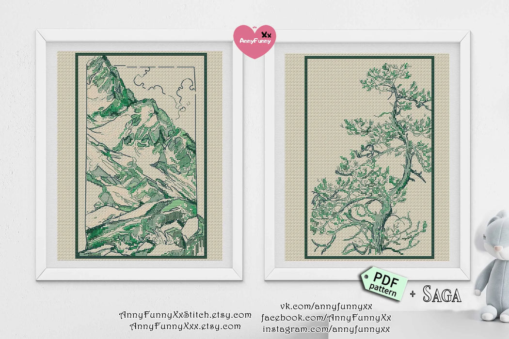 Sketch. Tree + Mountains - PDF Cross Stitch Pattern