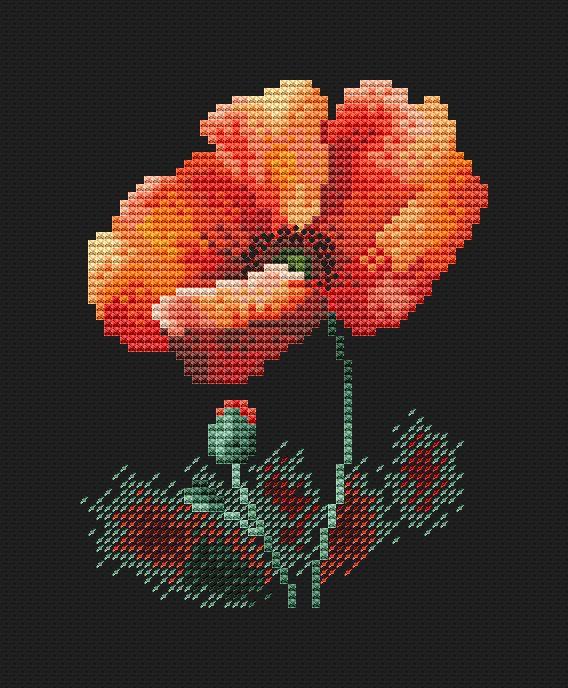 Watercolor Poppy On Black 2 - PDF Cross Stitch Pattern - Wizardi