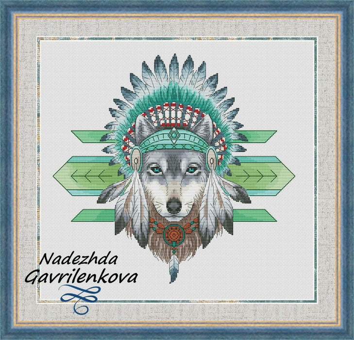 Amerindian Wolf - PDF Counted Cross Stitch Pattern - Wizardi