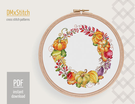 Autumn wreath Cross stitch pattern Fall Cross Stitch pdf Modern cross stitch pattern Pumpkin cross stitch Counted cross stitch Thanksgiving - Wizardi