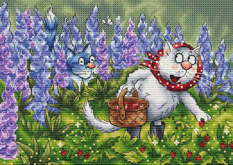 Berries with Blue Cats - PDF Cross Stitch Pattern - Wizardi