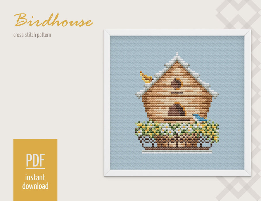 Birdhouse Cross stitch pattern, Spring Modern Cross Stitch Chart, Garden Cross stitch pattern PDF, Needlepoint Pattern, Embroidery design - Wizardi