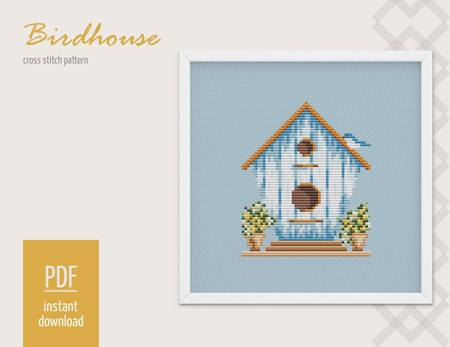 Birdhouse Cross stitch pattern, Spring Modern Cross Stitch Chart, Garden Cross stitch pattern PDF, Needlepoint Pattern, Embroidery design - Wizardi