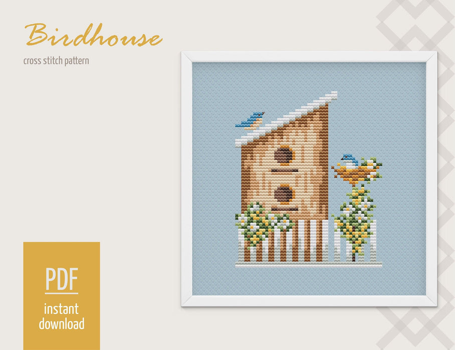 Birdhouse Cross stitch pattern, Spring Modern Cross Stitch Chart, Garden Cross stitch pattern PDF, Needlepoint Pattern, Embroidery design - Wizardi