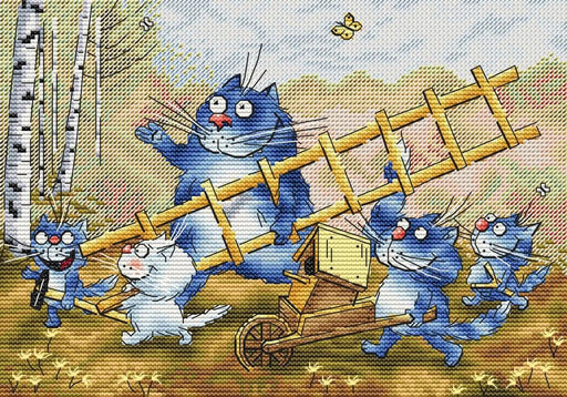 Birdhouse with Blue Cat - PDF Cross Stitch Pattern - Wizardi