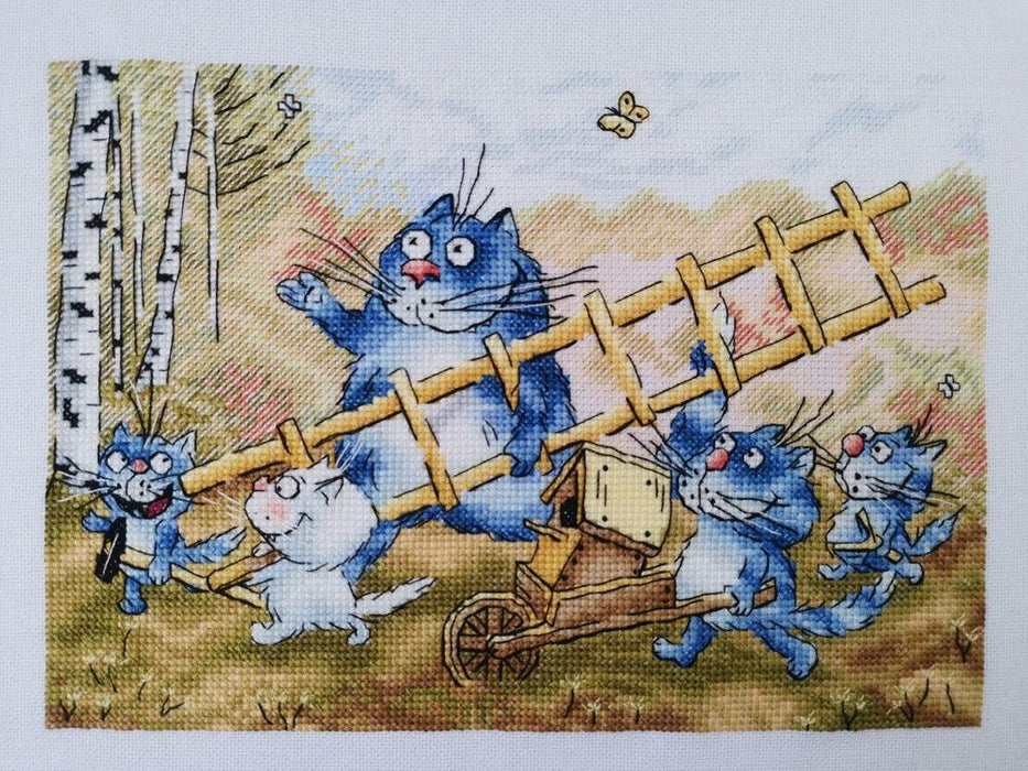 Birdhouse with Blue Cat - PDF Cross Stitch Pattern - Wizardi