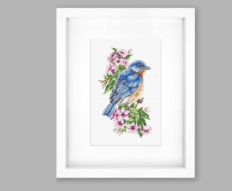 Blue bird on the branch B1198L Counted Cross-Stitch Kit - Wizardi