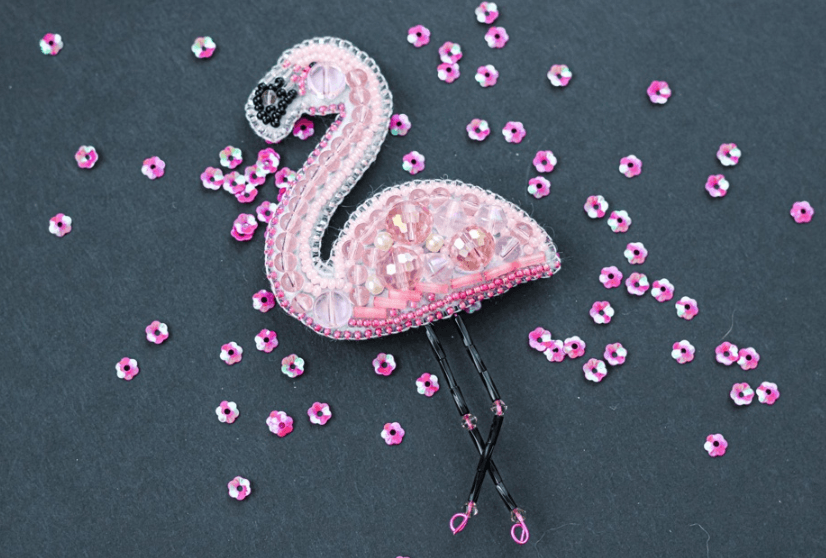 BP-216C Beadwork kit for creating brooch Crystal Art "Flamingo" - Wizardi