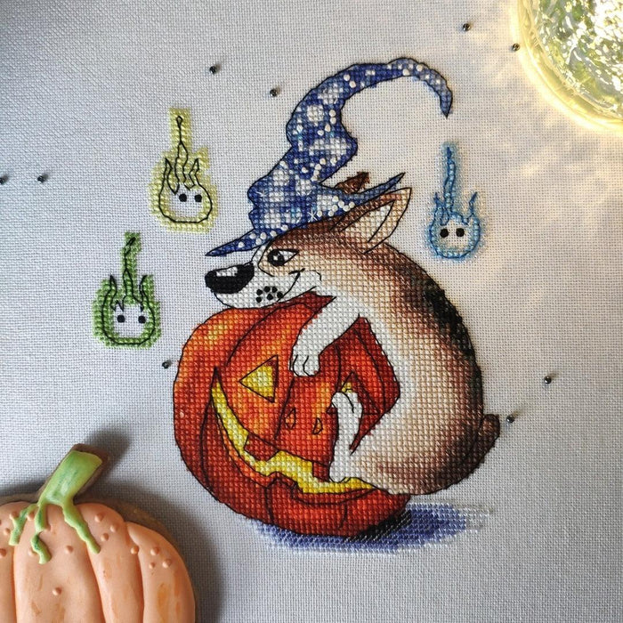 Buddy with Pumpkin. Halloween Dog - PDF Cross Stitch Pattern - Wizardi