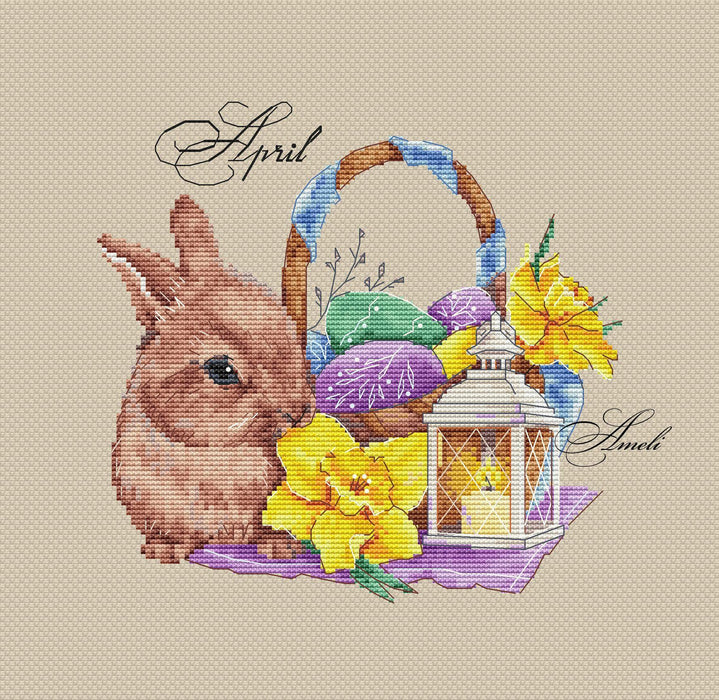 Bunny with Easter Eggs. April. Calendar Series - PDF Cross Stitch Pattern - Wizardi