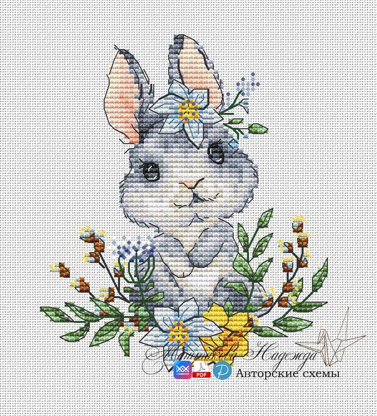 Bunny. With Spring Flowers - PDF Cross Stitch Pattern - Wizardi
