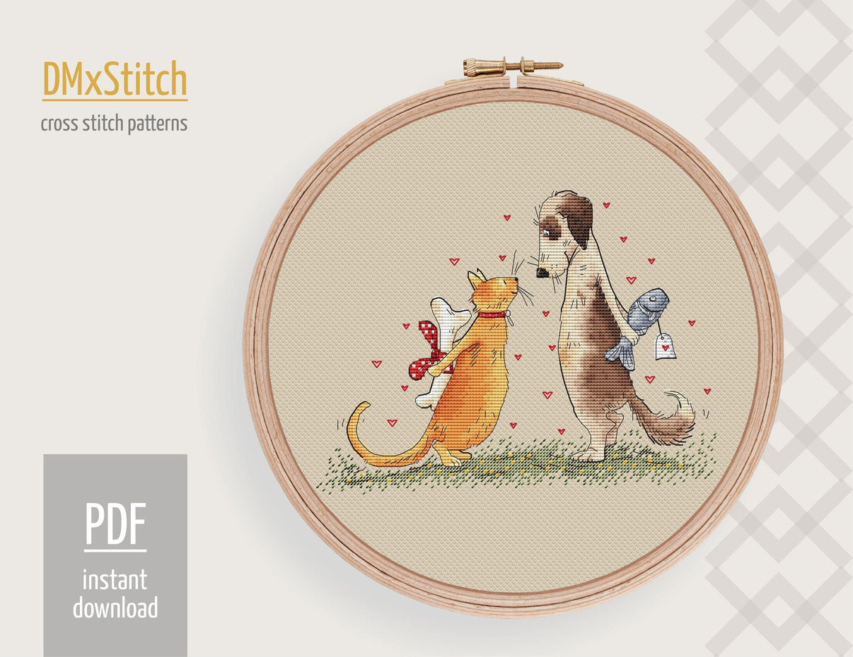 Cat and dog Cross stitch pattern Animal Cross Stitch pdf Modern cross stitch pattern Pet cross stitch St. Valentine's Counted cross stitch - Wizardi