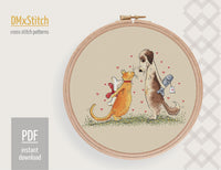 Cat and dog Cross stitch pattern Animal Cross Stitch pdf Modern cross stitch pattern Pet cross stitch St. Valentine's Counted cross stitch - Wizardi