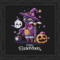 Chloe. Halloween Cat with Pumpkin and Ghost - PDF Cross Stitch Pattern - Wizardi
