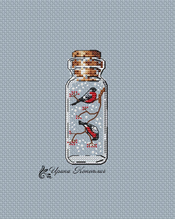 Christmas Bullfinches Bottle on Plastic Canvas - Kitten PDF Counted Cross Stitch Pattern - Wizardi