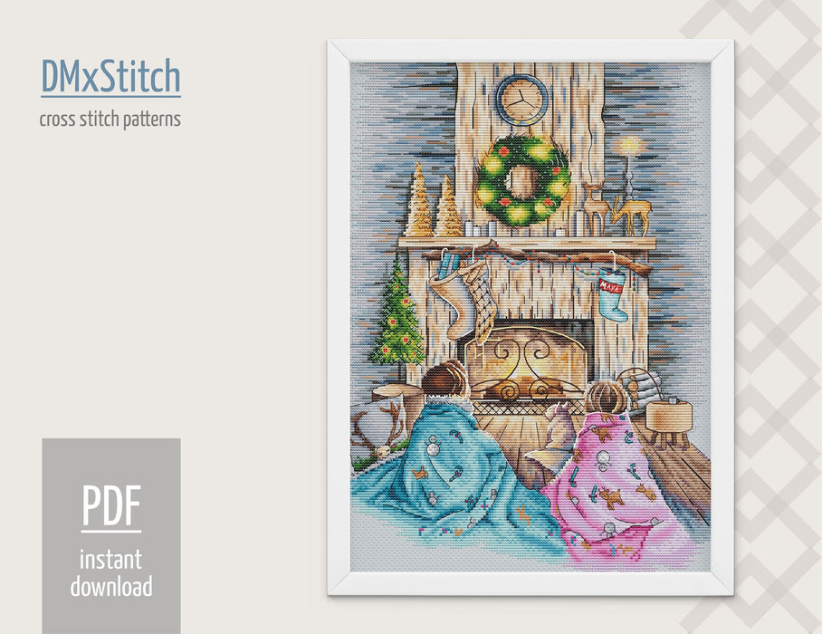 Christmas Cross stitch pattern Cozy Cross Stitch pdf Modern cross stitch pattern Holy night cross stitch Kids Counted cross stitch Fireplace - Wizardi