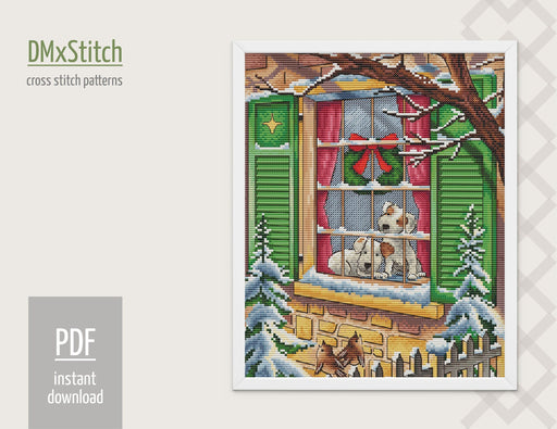 Christmas window Cross stitch pattern Dog Cross Stitch pdf Modern cross stitch pattern Cozy cross stitch Winter Counted cross stitch - Wizardi