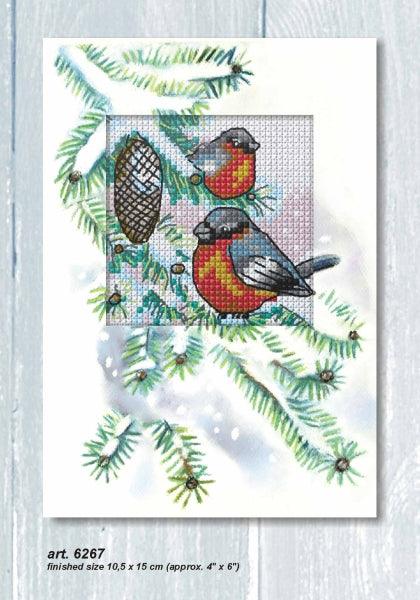 Complete counted cross stitch kit - greetings card "Bullfinches" 6267 - Wizardi