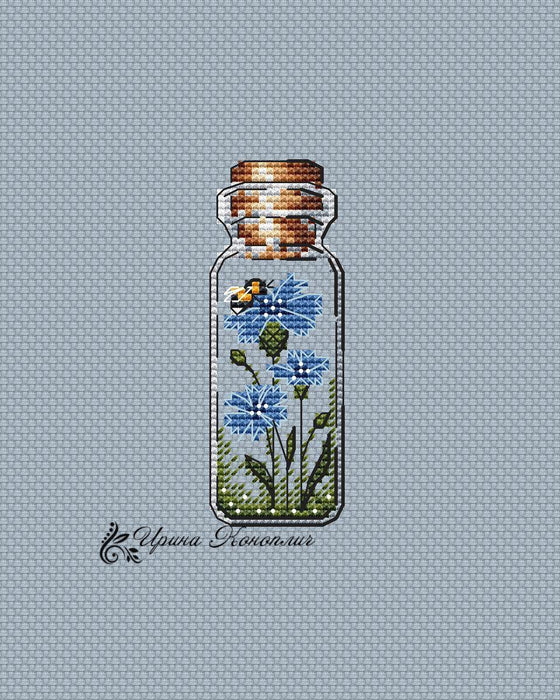 Cornflowers with Bee Bottle on Plastic Canvas - PDF Counted Cross Stitch Pattern - Wizardi