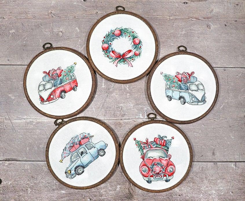 Counted Cross Stitch Kit Christmas Retro Cars / Kit of 5 Leti965 - Wizardi