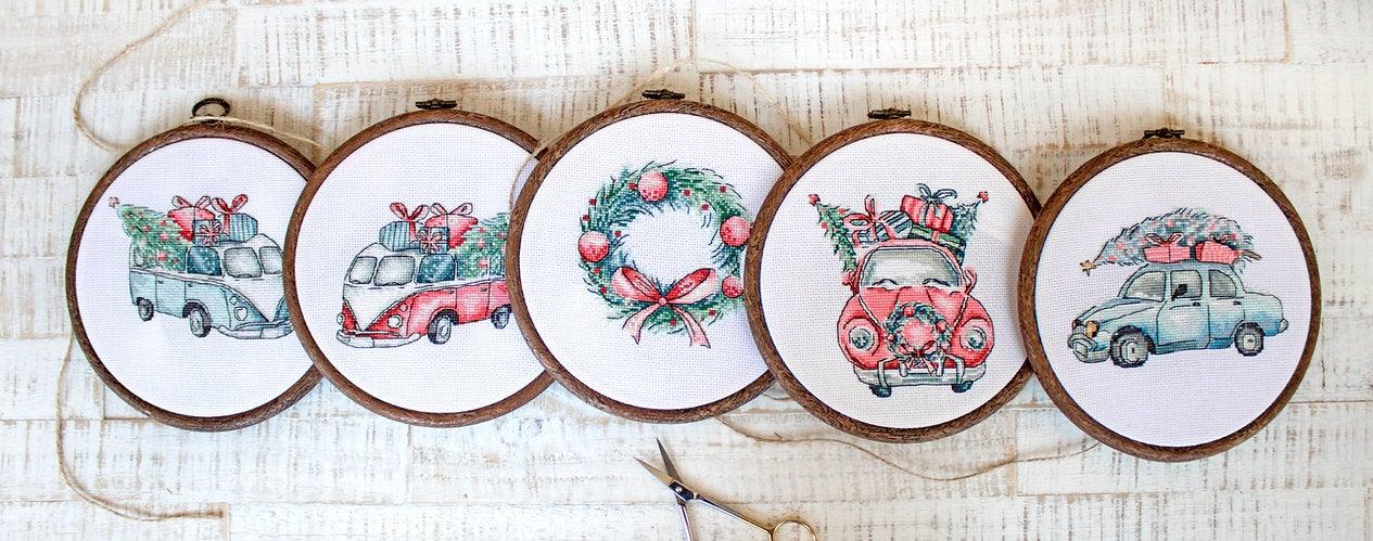 Counted Cross Stitch Kit Christmas Retro Cars / Kit of 5 Leti965 - Wizardi