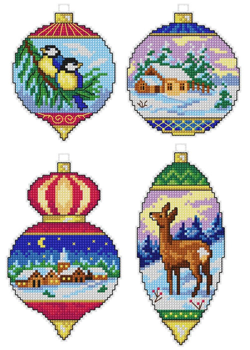 Counted cross stitch kit with plastic canvas "Christmas balls" set of 4 designs 7673 - Wizardi