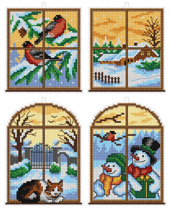 Counted cross stitch kit with plastic canvas "Winter windows" set of 4 designs 7664 - Wizardi