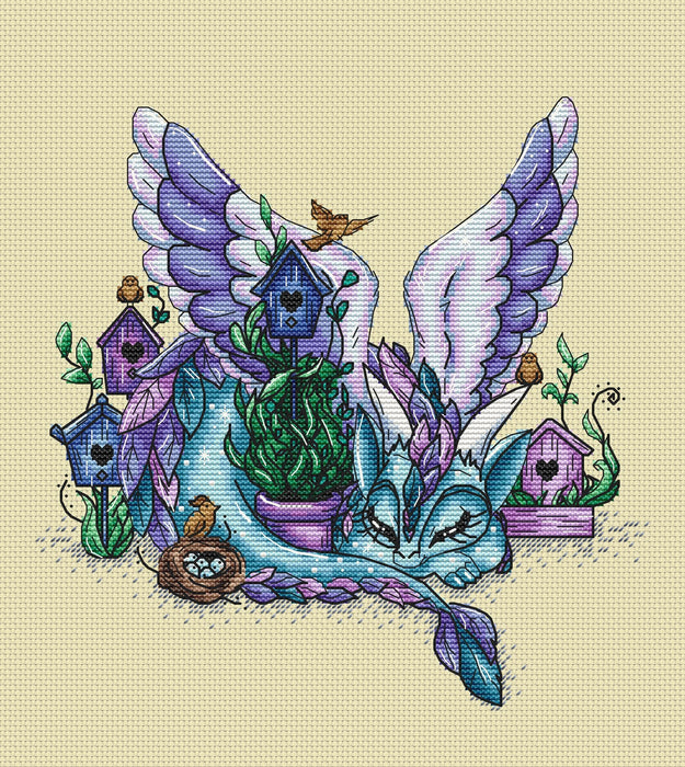 Dragon with Birds - PDF Cross Stitch Pattern - Wizardi