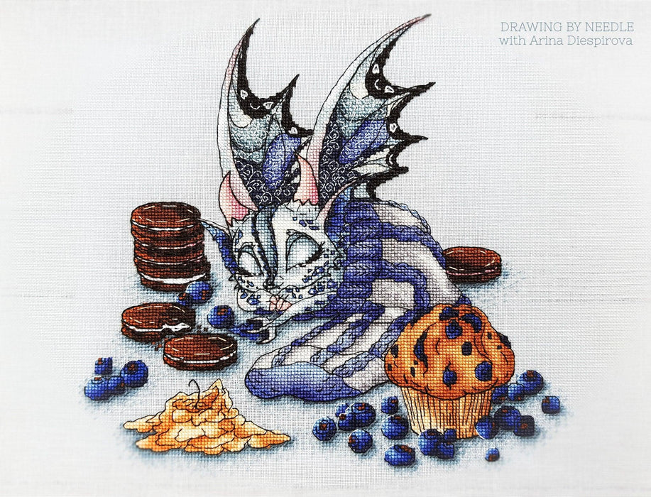 Dragon with Blueberry Muffin - PDF Cross Stitch Pattern - Wizardi