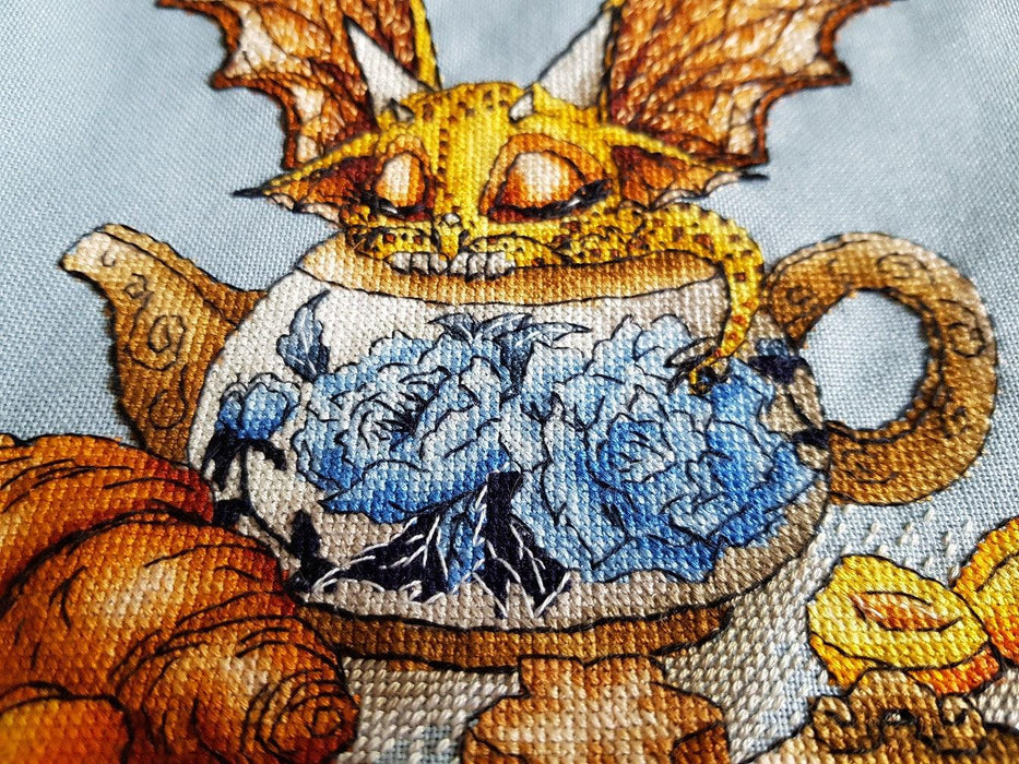 Dragon with Tea Pot - PDF Cross Stitch Pattern - Wizardi