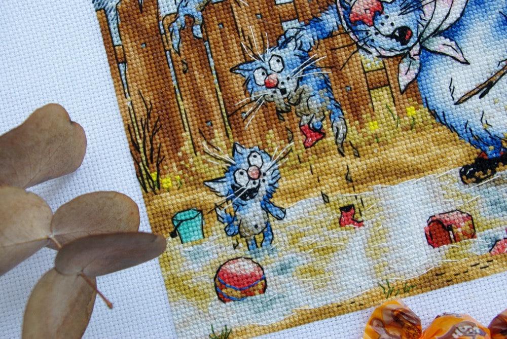 Educational Moment with Blue Cats - PDF Cross Stitch Pattern - Wizardi