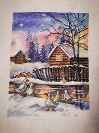 Evening Walk. Winter Village with Goose - PDF Cross Stitch Pattern - Wizardi