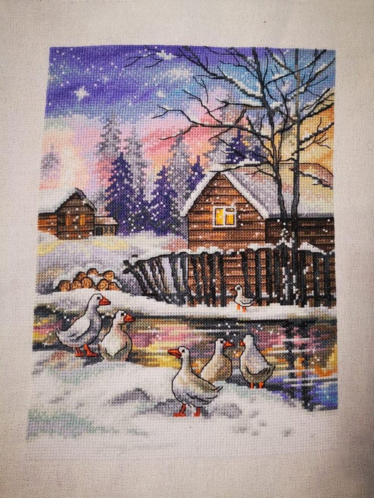 Evening Walk. Winter Village with Goose - PDF Cross Stitch Pattern - Wizardi