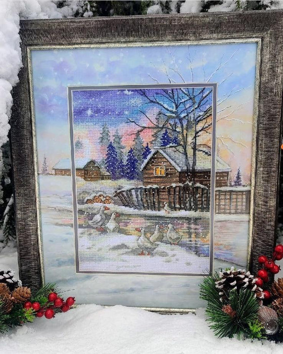 Evening Walk. Winter Village with Goose - PDF Cross Stitch Pattern - Wizardi