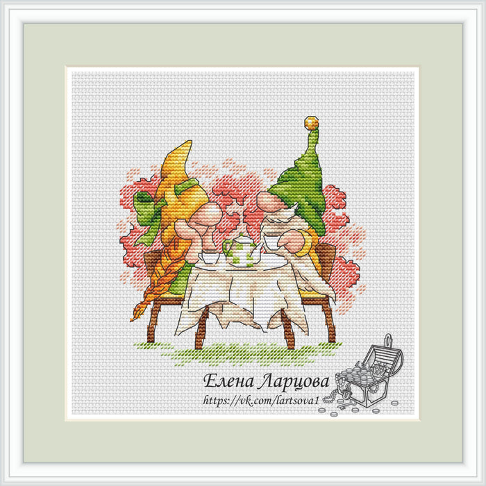 Garden Dwarfs. Tea Drinkers - PDF Cross Stitch Pattern - Wizardi