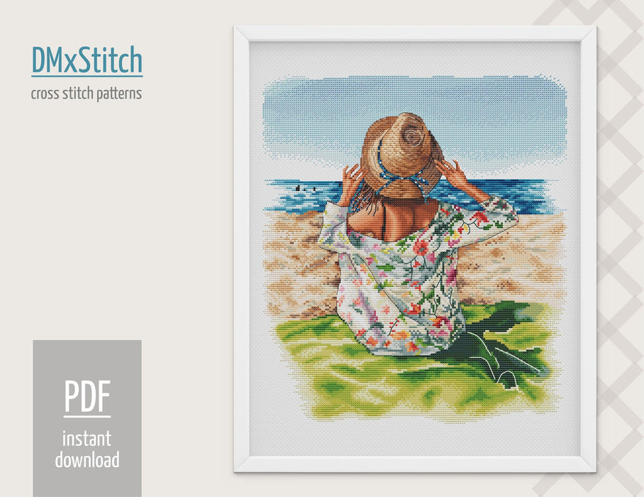 Girl on the beach Cross stitch pattern Ocean Cross Stitch pdf Modern cross stitch pattern Sea cross stitch Counted cross stitch Summer - Wizardi