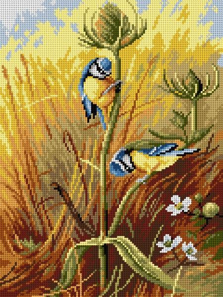 Gobelin canvas for halfstitch without yarn after Archibal Thornburn - Bluetits on a Teasel - Wizardi