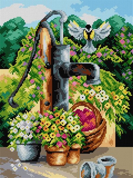 Gobelin canvas for halfstitch without yarn Waterpump in Flowers - Wizardi