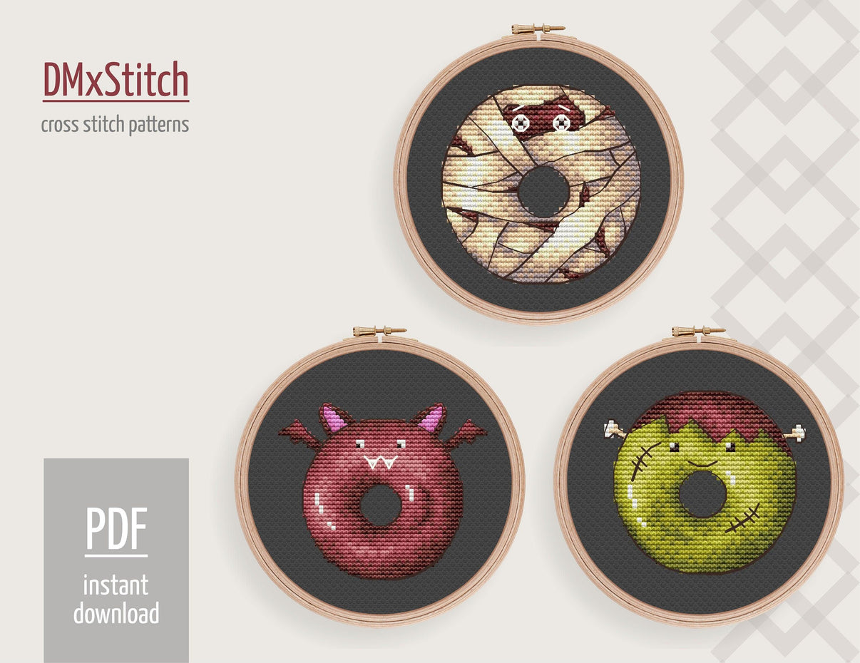 Halloween Free Cross stitch pattern Spooky Donut Cross Stitch pdf Small cross stitch pattern Easy cross stitch Modern Counted cross stitch Food - Wizardi