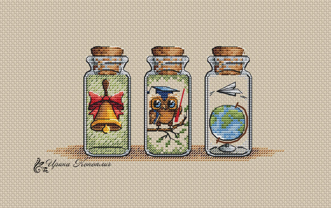 Hello School Bottle on Plastic Canvas - PDF Counted Cross Stitch Pattern - Wizardi