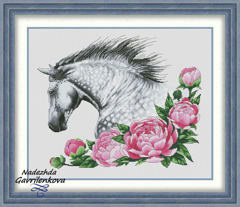 Horse with peonies - PDF Counted Cross Stitch Pattern - Wizardi