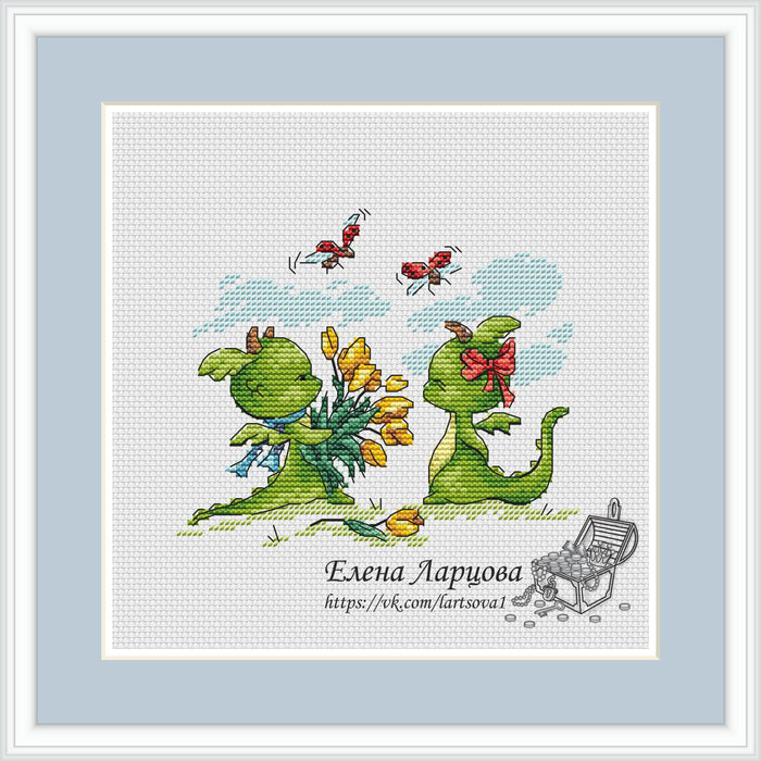 Little Dragons with Tulips - PDF Cross Stitch Pattern - Wizardi