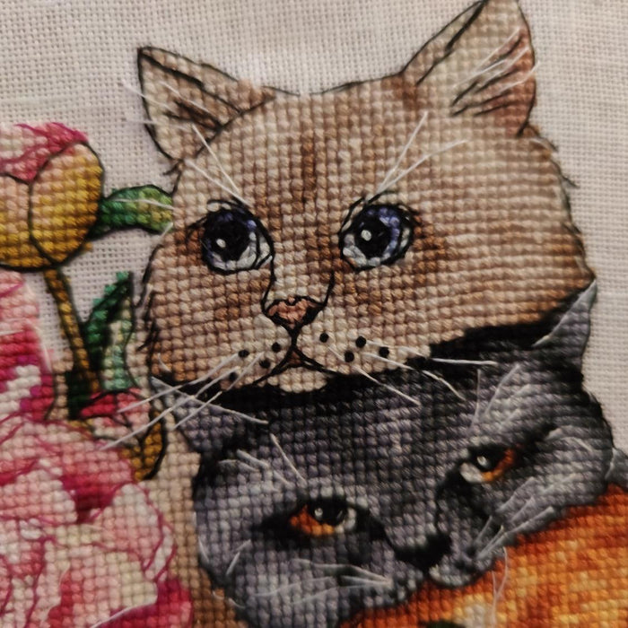 March Cats. Kittens with Peonies - PDF Cross Stitch Pattern - Wizardi