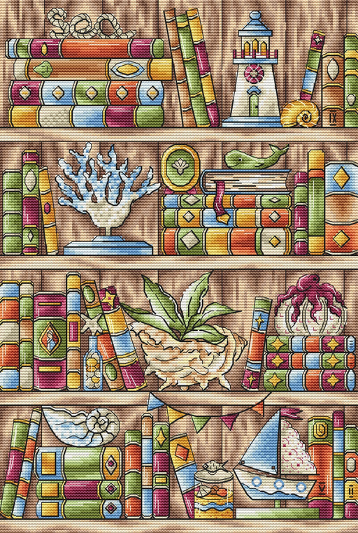 Marine Library. Shelf of Books - PDF Cross Stitch Pattern - Wizardi