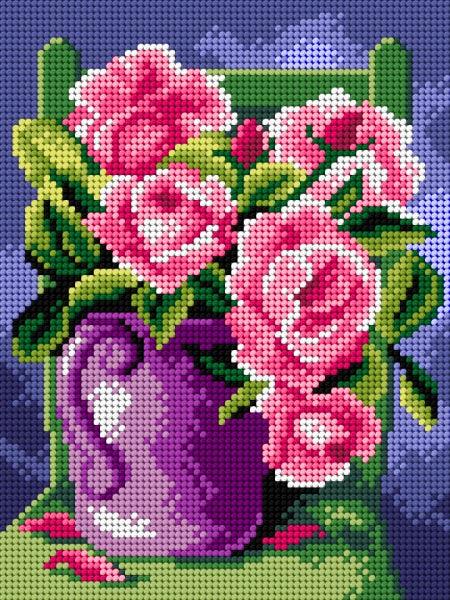 Needlepoint canvas for halfstitch without yarn Roses in a Purple Jug 3021F - Printed Tapestry Canvas - Wizardi