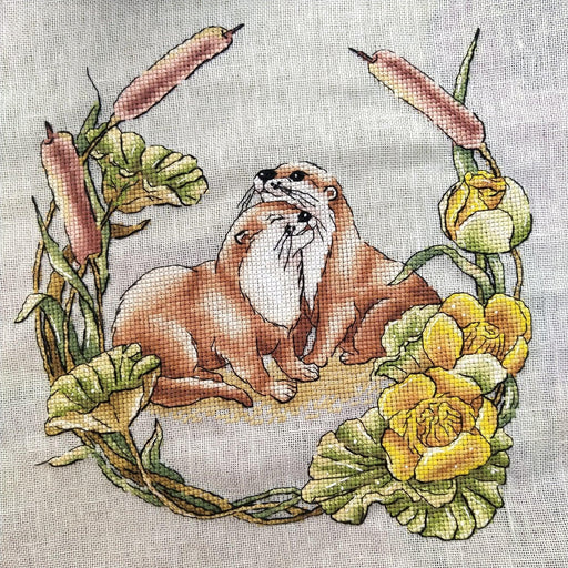 Otters in Water Lilies - PDF Cross Stitch Pattern - Wizardi