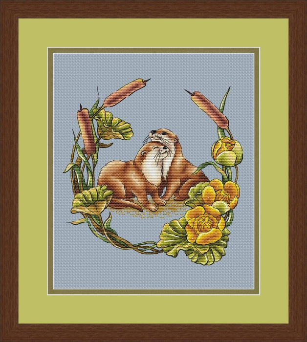 Otters in Water Lilies - PDF Cross Stitch Pattern - Wizardi