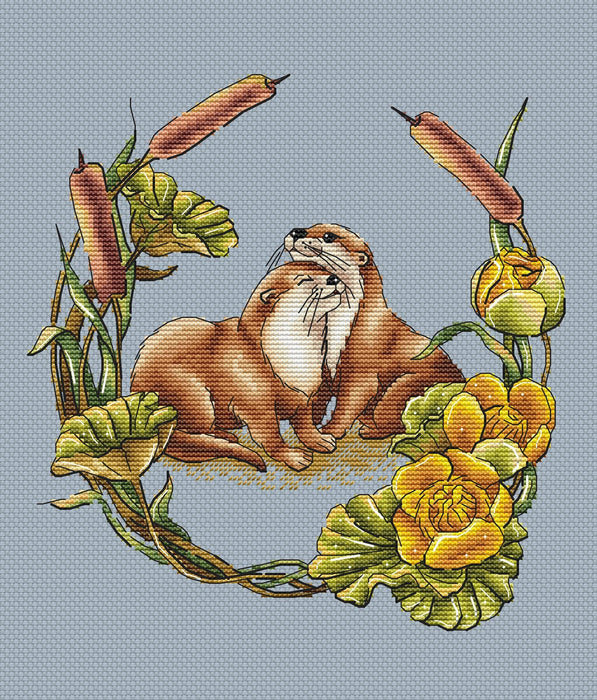 Otters in Water Lilies - PDF Cross Stitch Pattern - Wizardi