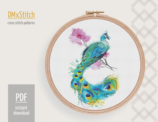 Peacock Cross stitch pattern Spring Cross Stitch pdf Modern cross stitch pattern Tropical Aloha cross stitch Counted cross stitch Bird - Wizardi